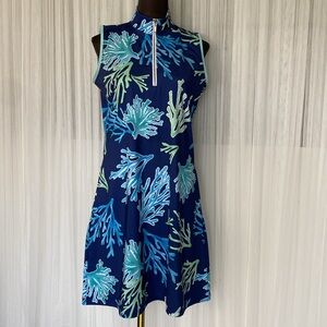 Ana Clare Navy Sleeveless Dress with Coral Print A-Line Zipper! Pockets Golf Med
